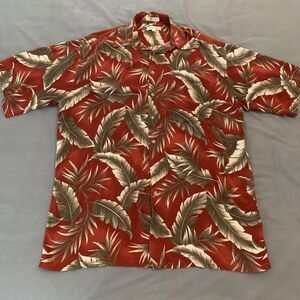 Pierre Cardin Shirt Mens Large Tall Red Hawaiian Rayon Button Up Leaf Print 90s